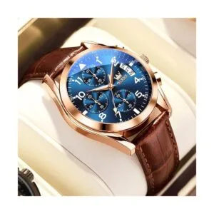 OLEVS Relojes casuales para hombres de cuero marrón de_4