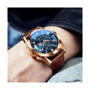 OLEVS Relojes casuales para hombres de cuero marrón de_2