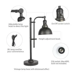 VONLUCE Lámpara de escritorio rústica negra ajustable_4