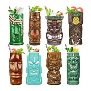 Tiki Juego de 8 tazas de cerámica hawaiana para fiestas_1