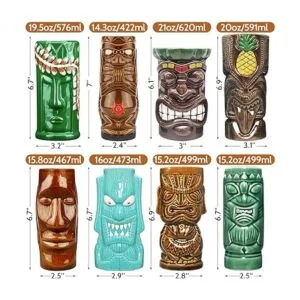 Tiki Juego de 8 tazas de cerámica hawaiana para fiestas_2