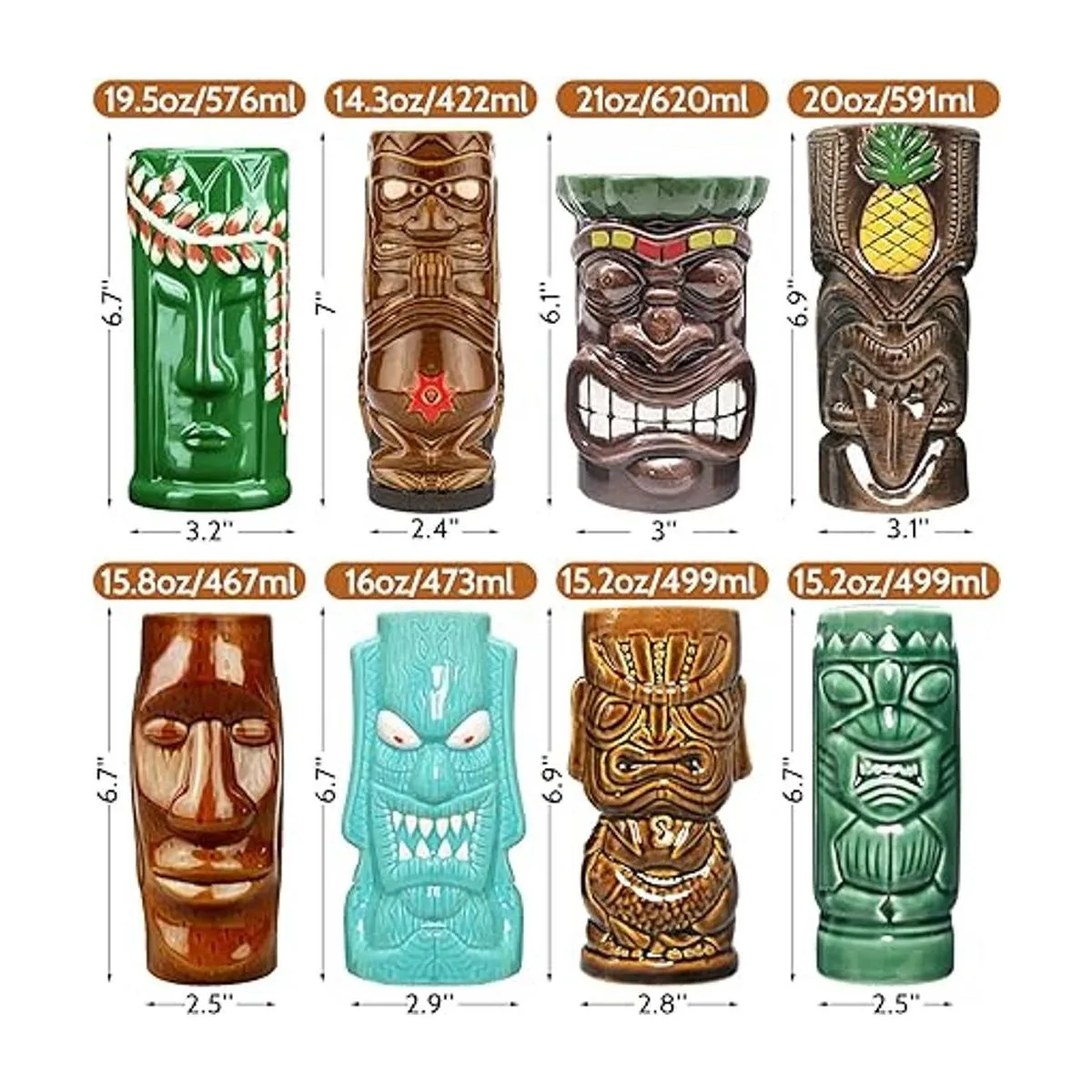 Tiki Juego de 8 tazas de cerámica hawaiana para fiestas_2
