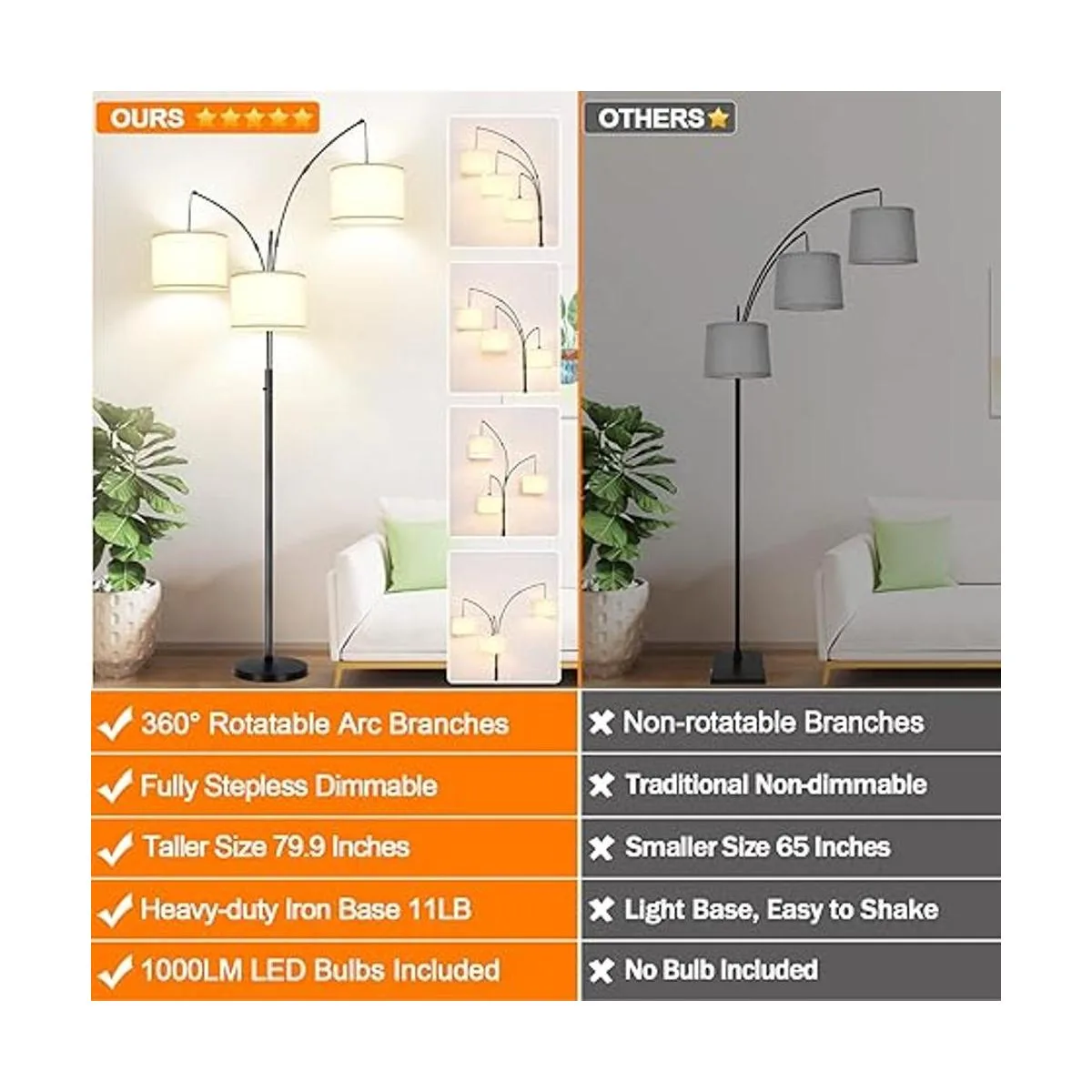 Lámpara de pie regulable 3 luces de arco para sala de_2