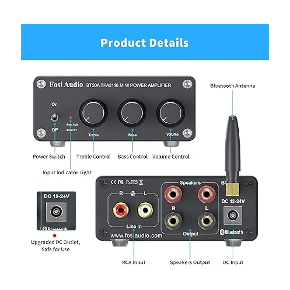Fosi Audio BT20A Bluetooth 5.0 Audio estéreo 2 canales_2