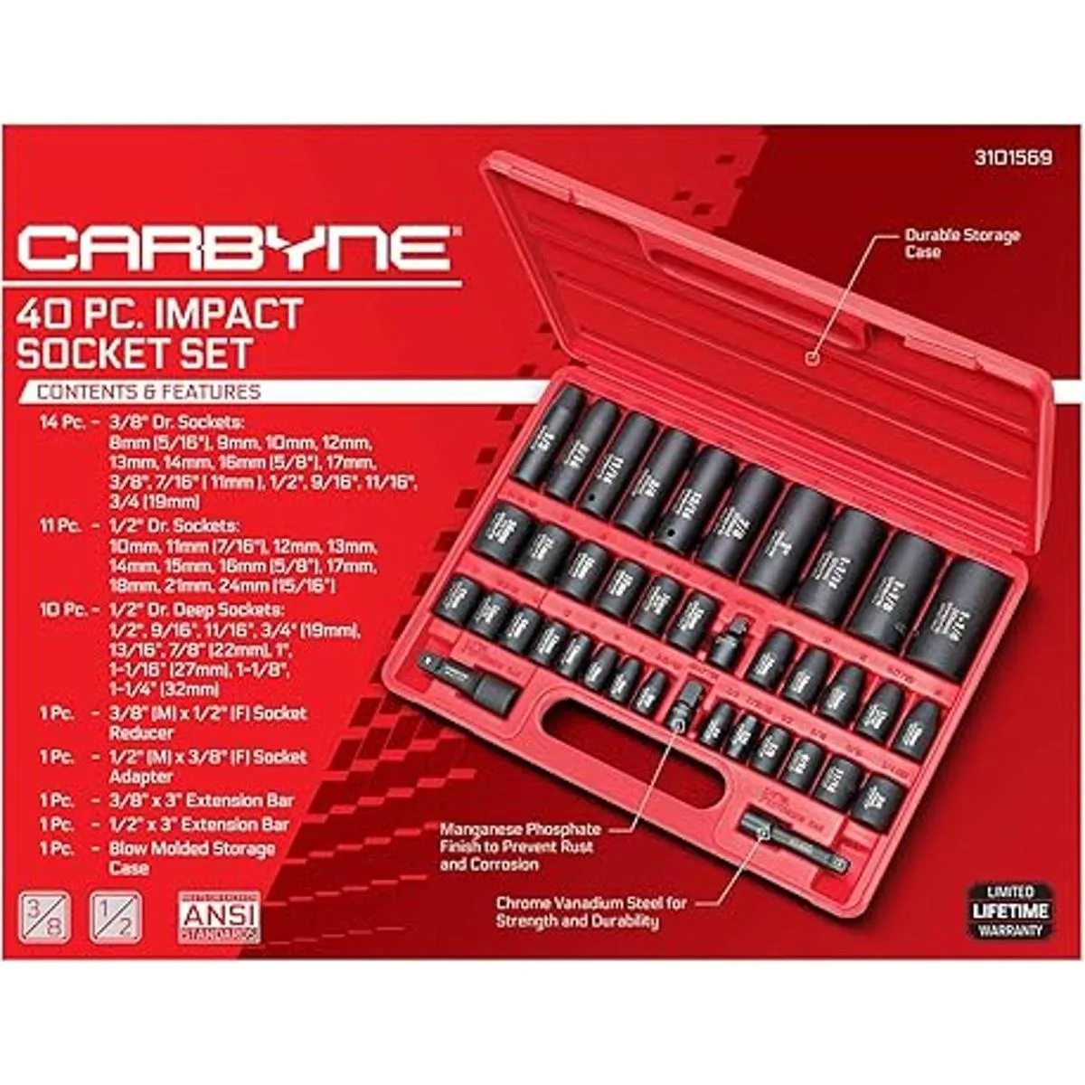 CARBYNE Juego de llaves de impacto 40 piezas SAE y_3