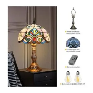 Tiffany Lámpara de mesa estilo vitral azulblanco 12_5