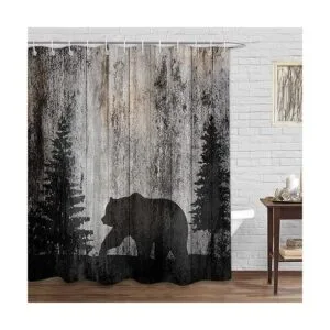 Cortina de ducha rústica con oso de cabaña para baño_2
