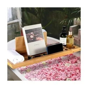 Bandeja de bambú para bañera mesa de baño expandible para_7