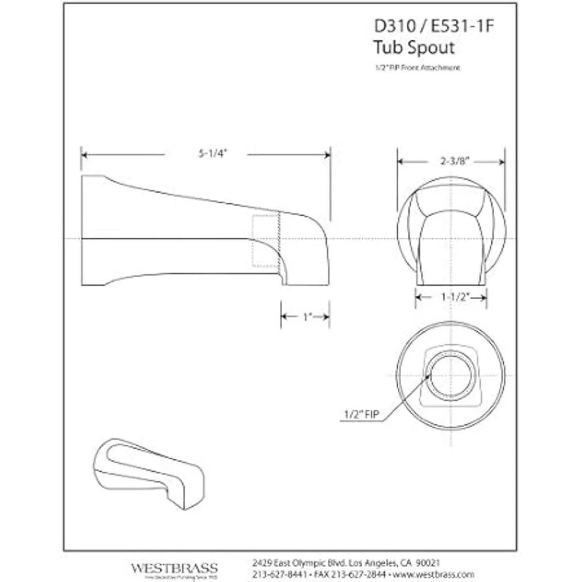 Westbrass D310 ducha Accesorios 5 12in latón tina_3