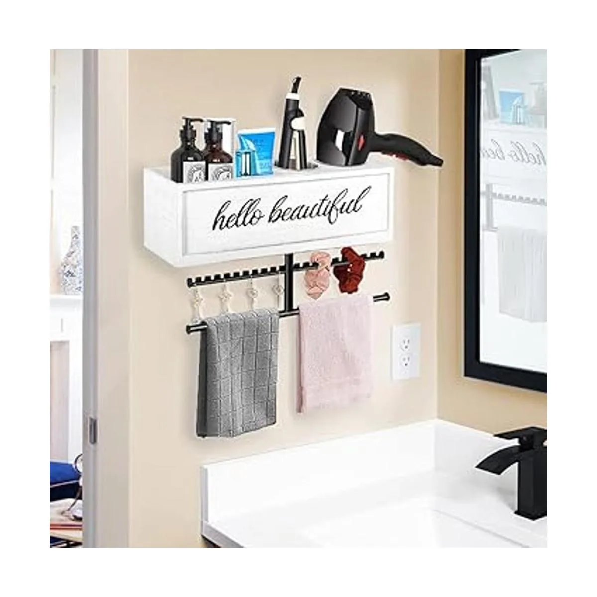 Soporte de secador de pelo rústico montado en la pared_2