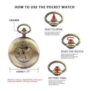 Reloj de bolsillo mecánico de esqueleto negro y bronce_6