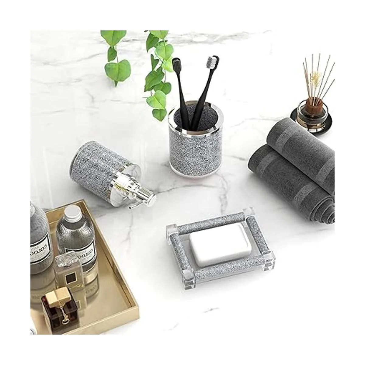 SHYFOY Juego de accesorios de baño de diamante plateado_3