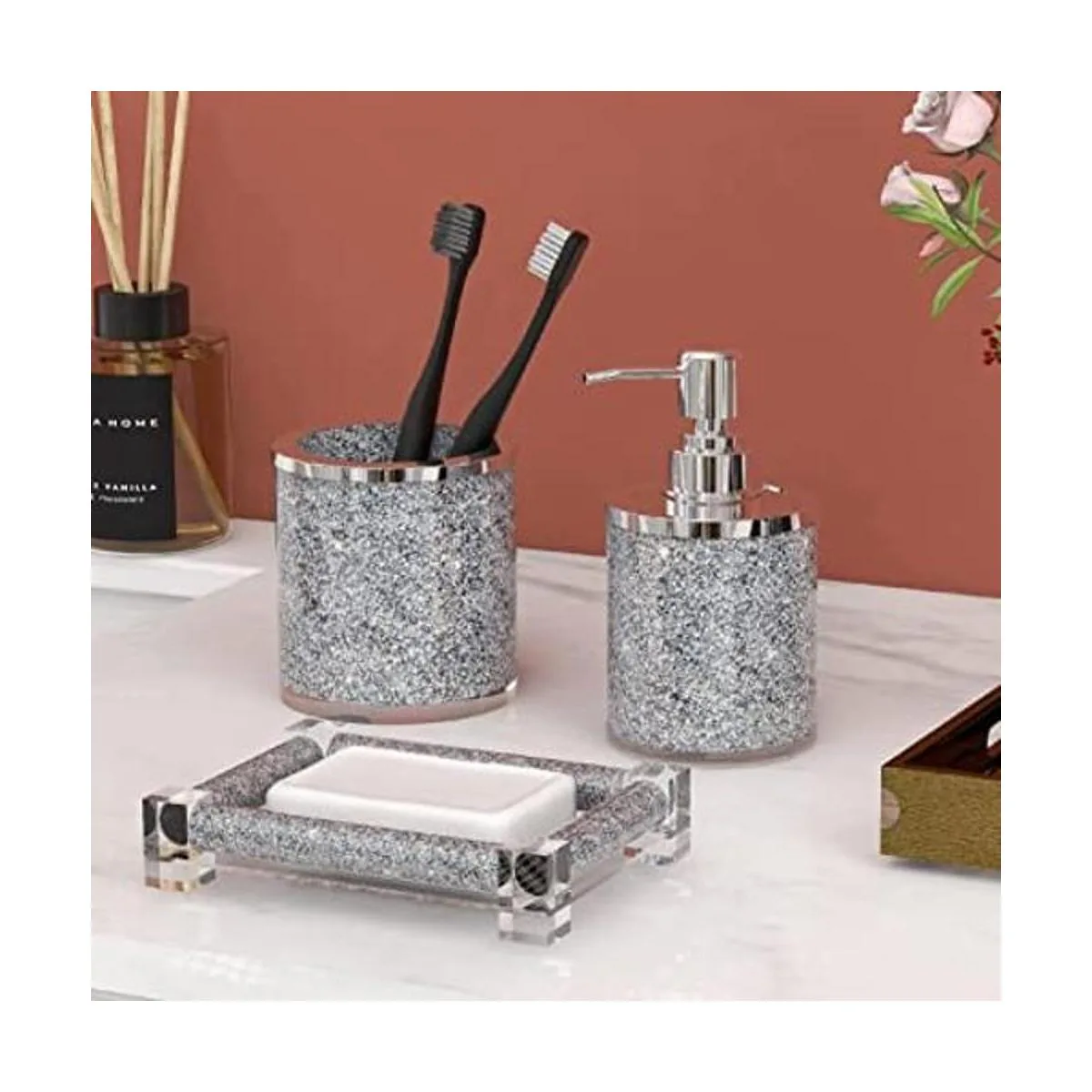 SHYFOY Juego de accesorios de baño de diamante plateado_1