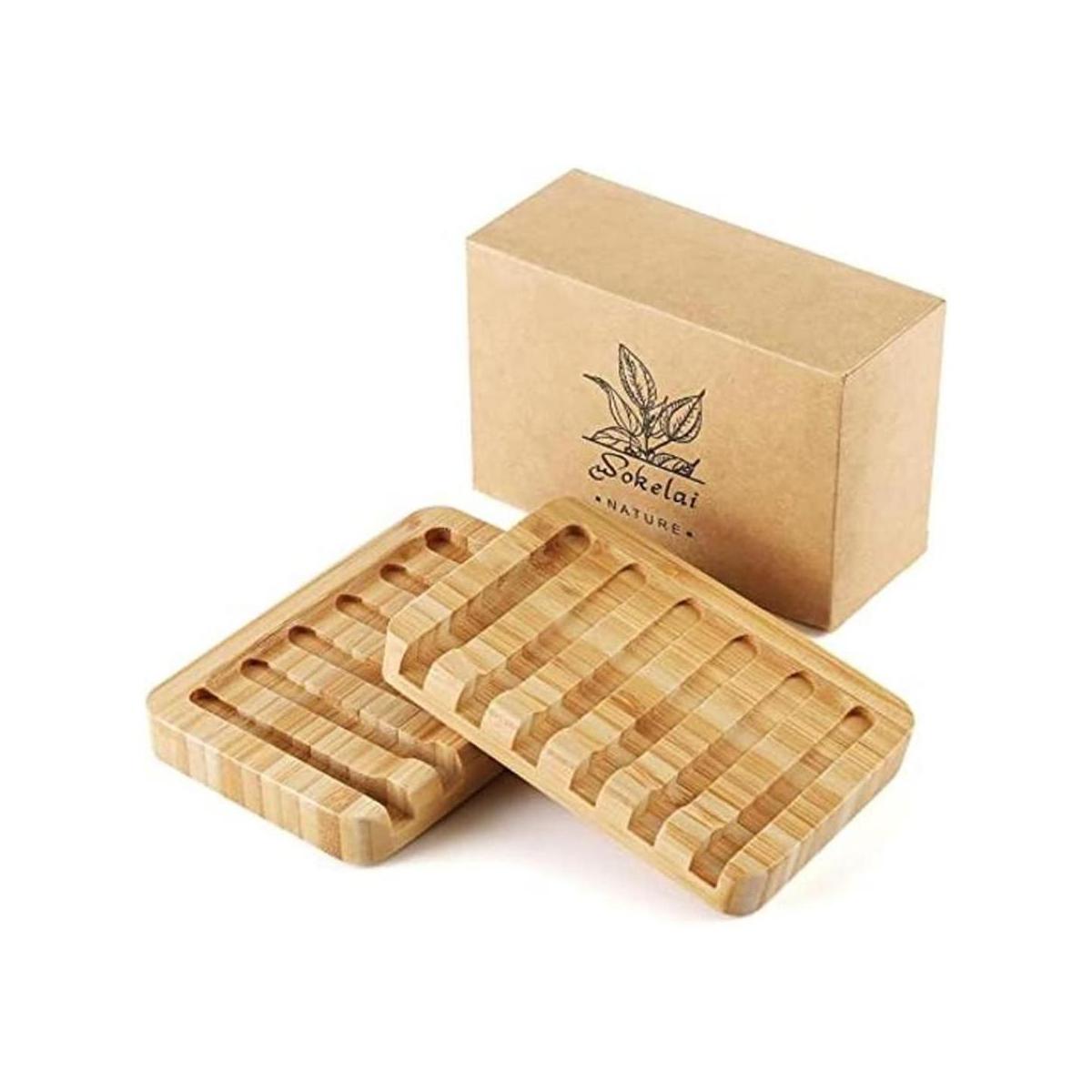Paquete de 2 bandejas de jabón de madera de bambú ahorro