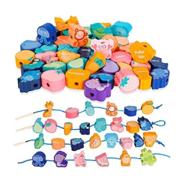 Juego de 50 cuentas de cordones de madera animales y_1