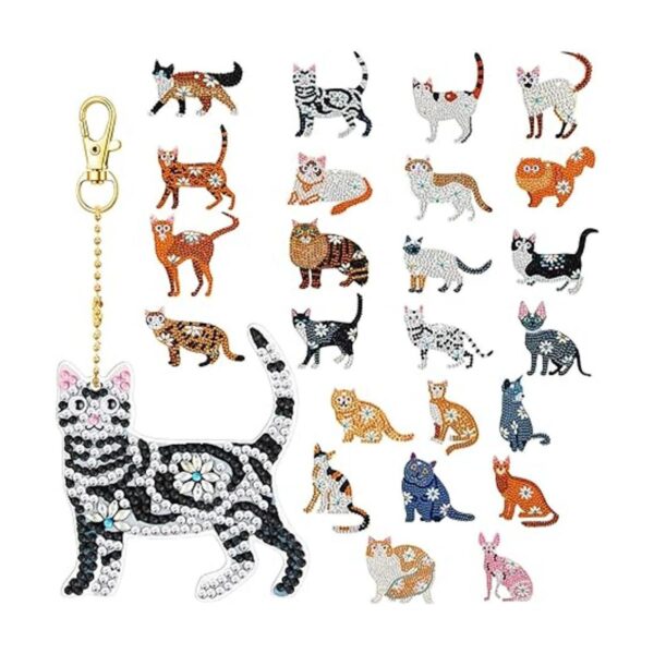 24 llaveros de pintura de diamantes de gato llavero de