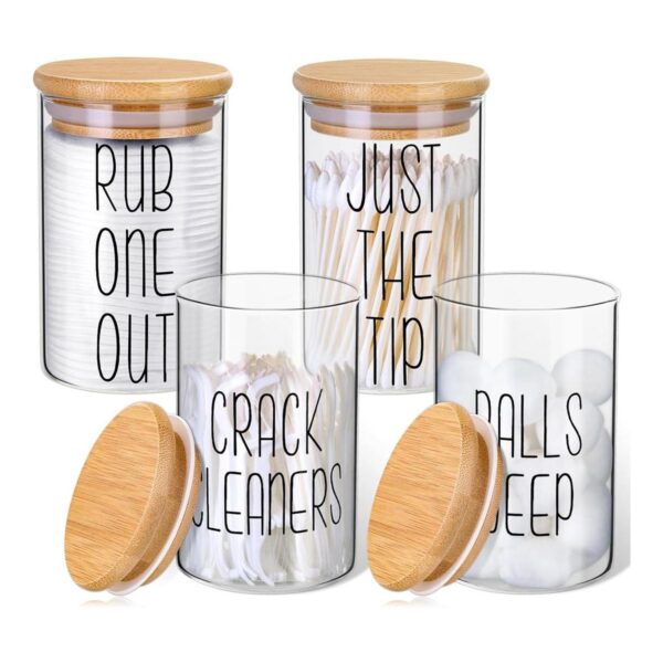 4 Pack Qtip Holder Glass Dispenser with Bamboo Lids for