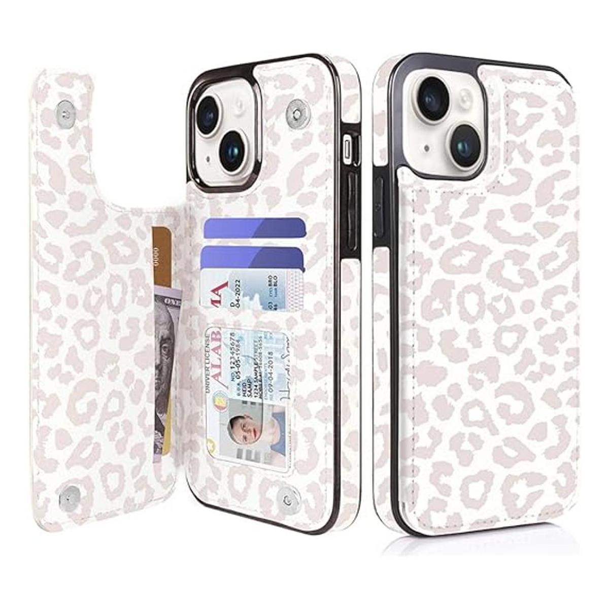 uCOLOR Funda tipo cartera de leopardo beige compatible con