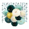 Farol de pañuelos colgantes verde y dorado con pompones_1