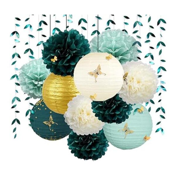 Farol de pañuelos colgantes verde y dorado con pompones_1