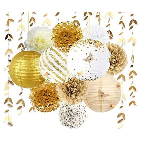 Kit de decoración de fiesta blanco y dorado faroles_1