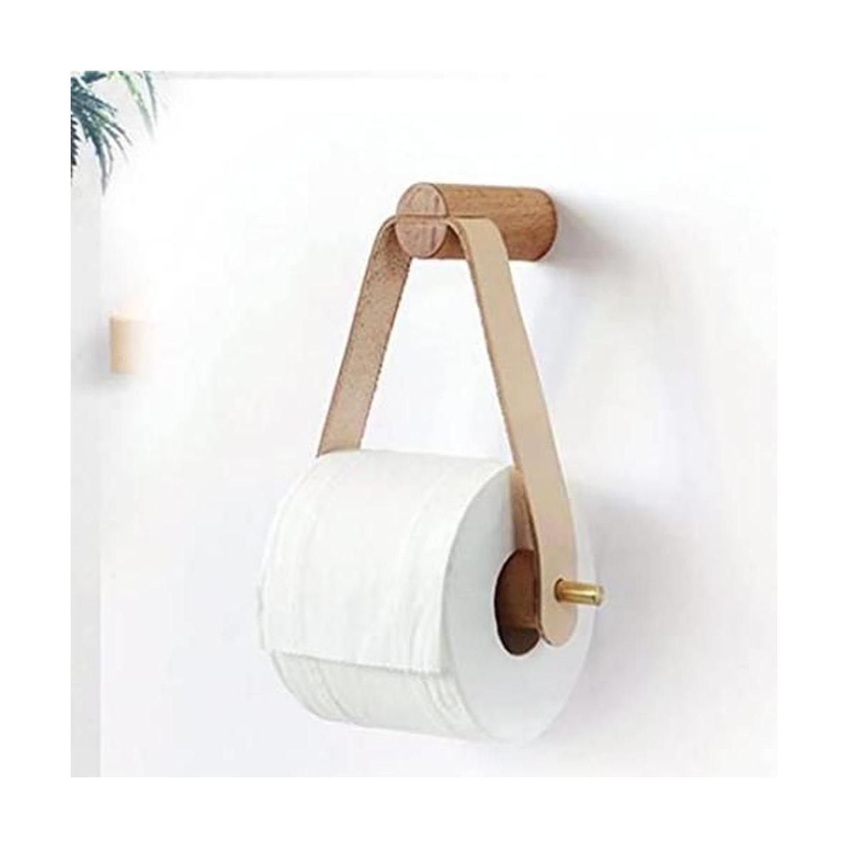 Soporte de papel higiénico de pared de madera y cuero