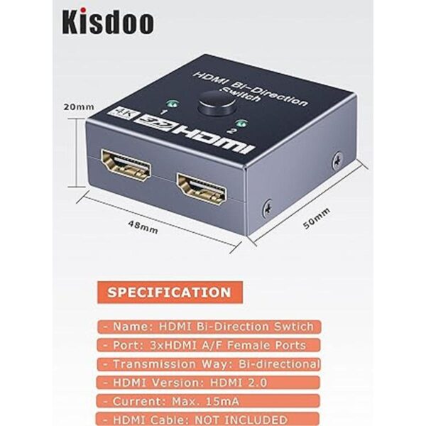 Kisdoo Conmutador HDMI de 2 puertos 2 en 1 salida AB_2