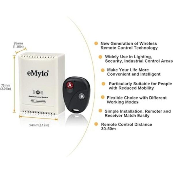 eMylo DC 12 V 2 canales 433 Mhz RF inalámbrico Control