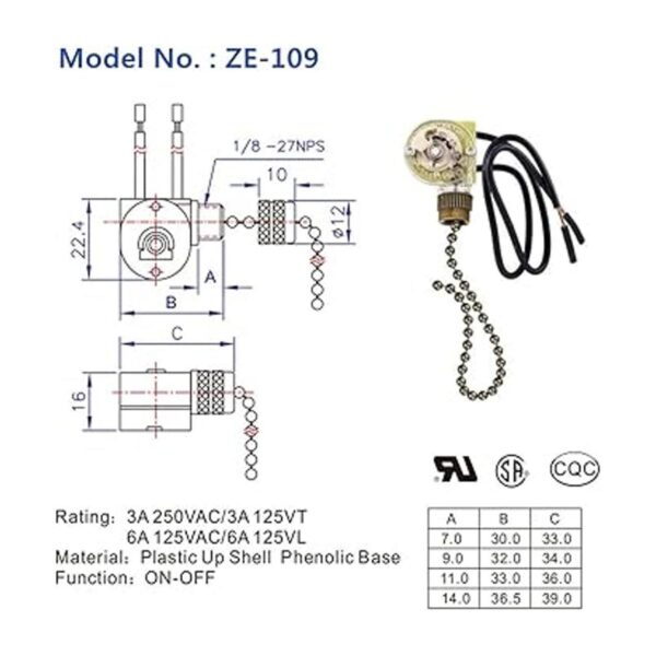 Pull Chain Switch Zing Ear ZE109 Ceiling Fan Switch