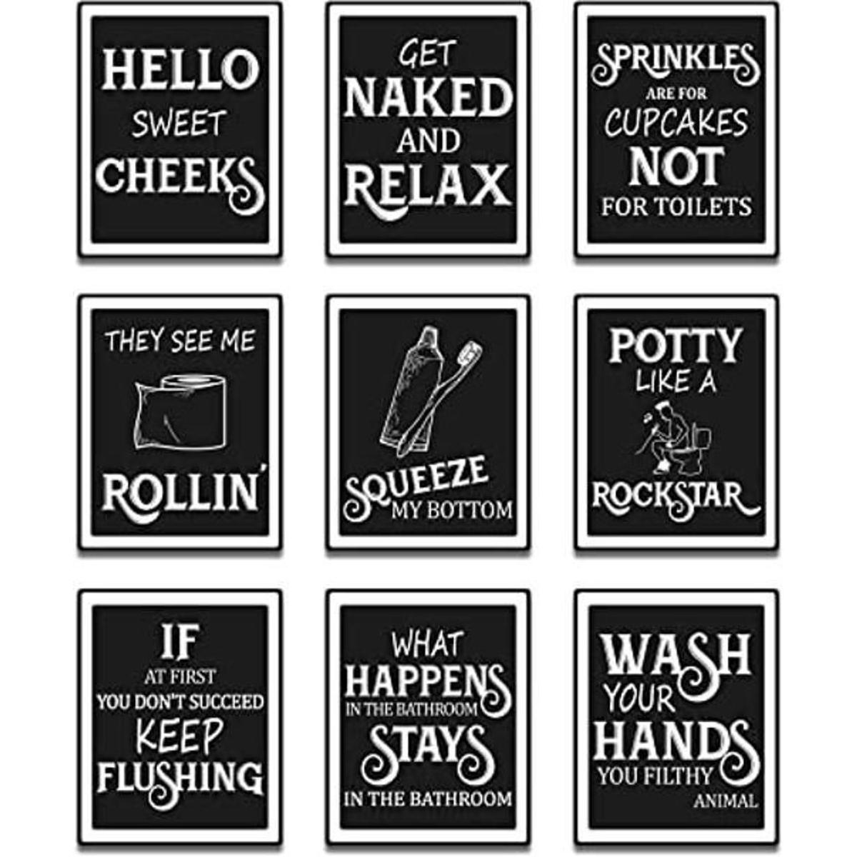 9 piezas de arte de pared de baño divertido letrero