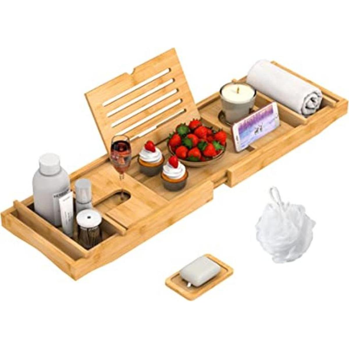 Bandeja de bañera de bambú con asas expandibles soporte