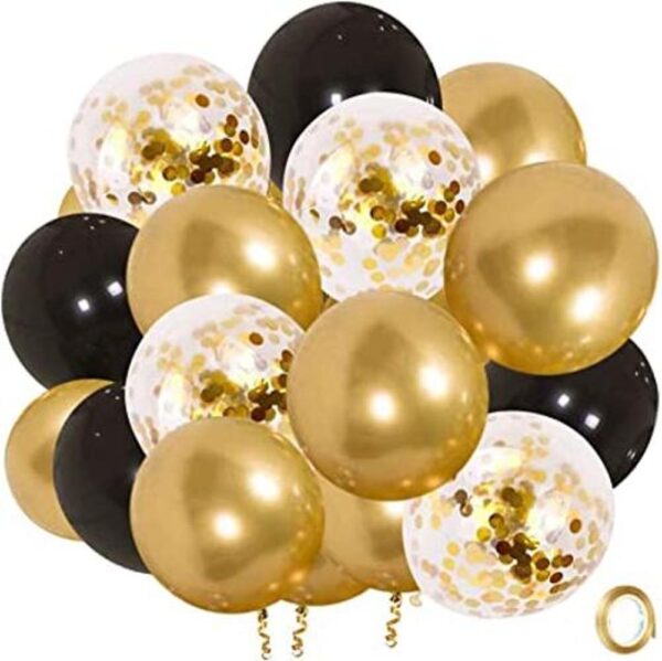 Globos de látex de confeti negro y dorado paquete de 50_1