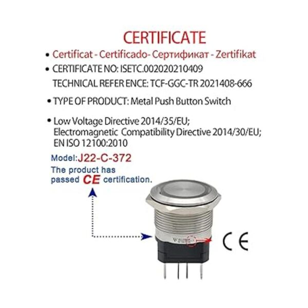 Interruptor de botón de 0.866 in 15A 12V momentáneo 2NO_4