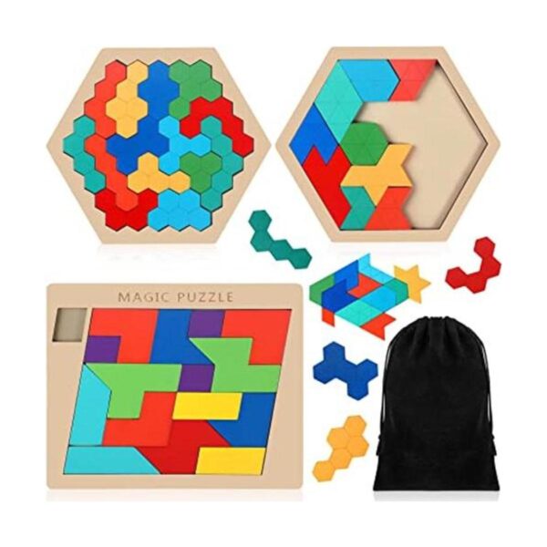 Paquete de 3 bloques de rompecabezas de madera hexagonal