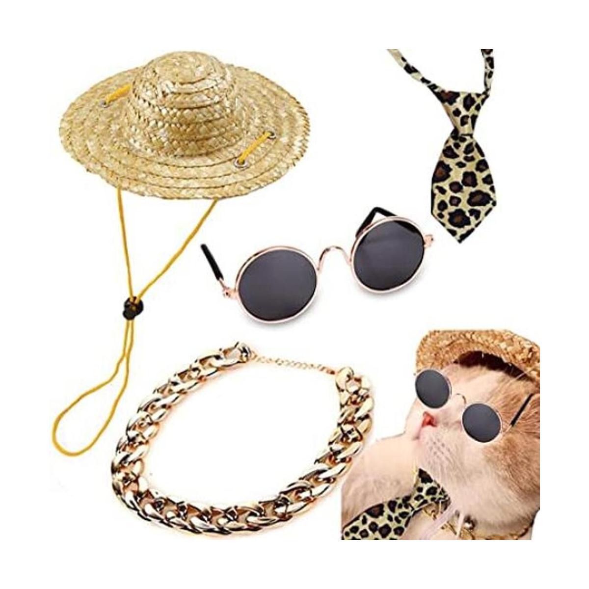 4 unids gato gafas de gato cadena oro corbata y sombrero