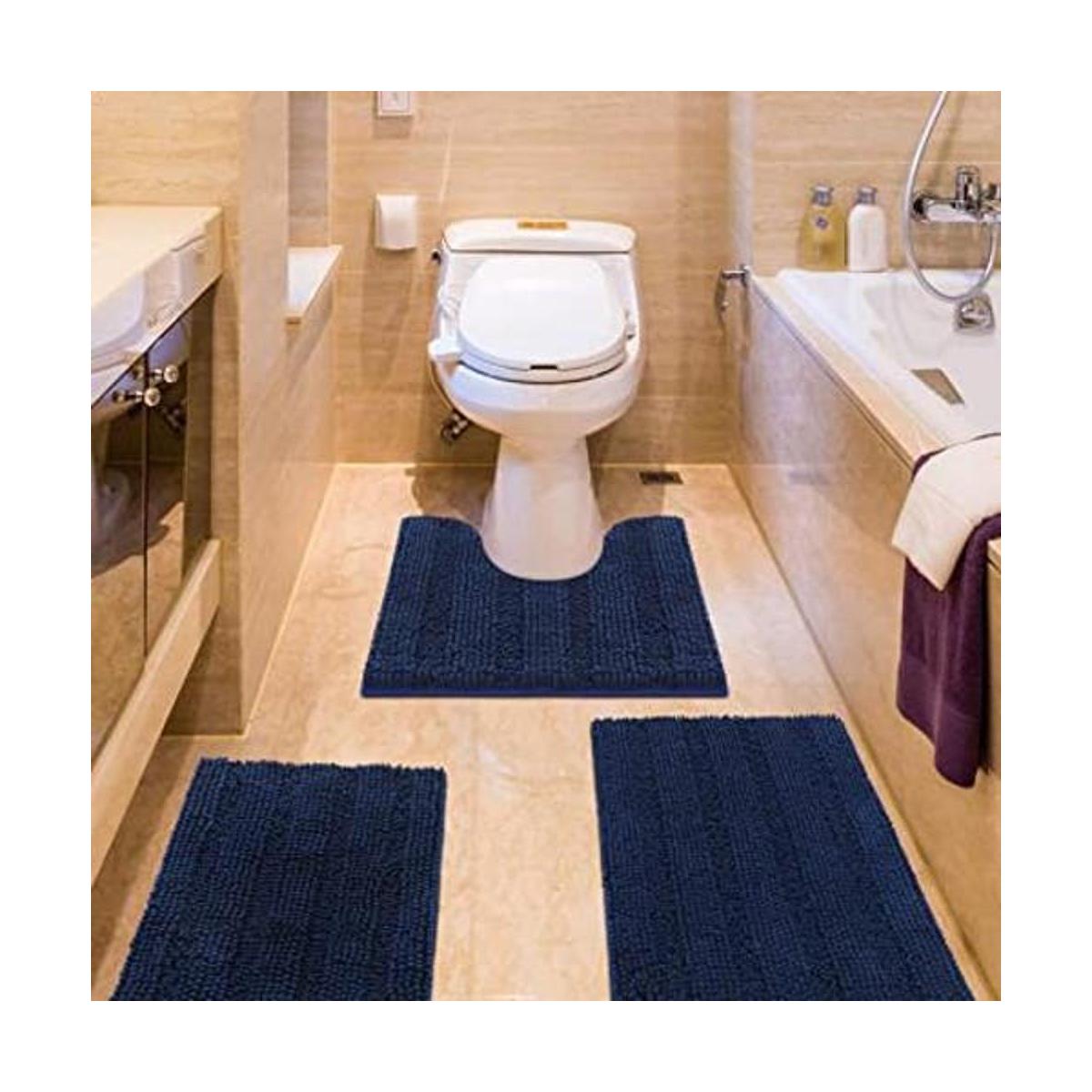 Juego de 3 alfombras de baño a rayas azul marino ultra