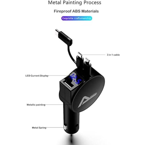 Cargador de coche USB C cargador retráctil de automóvil_3