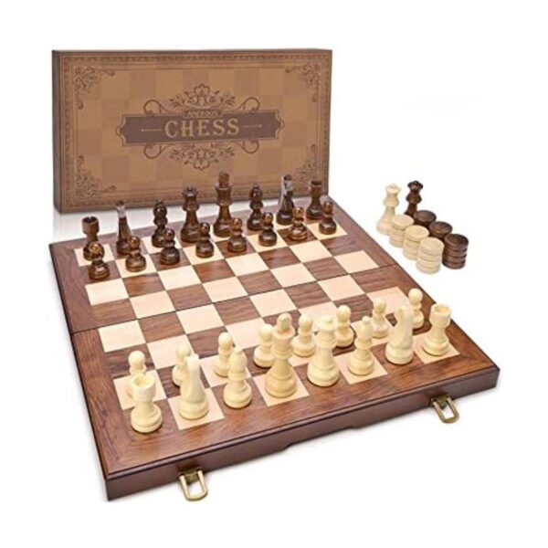 AMEROUS Juego de ajedrez y damas de madera con piezas de_1