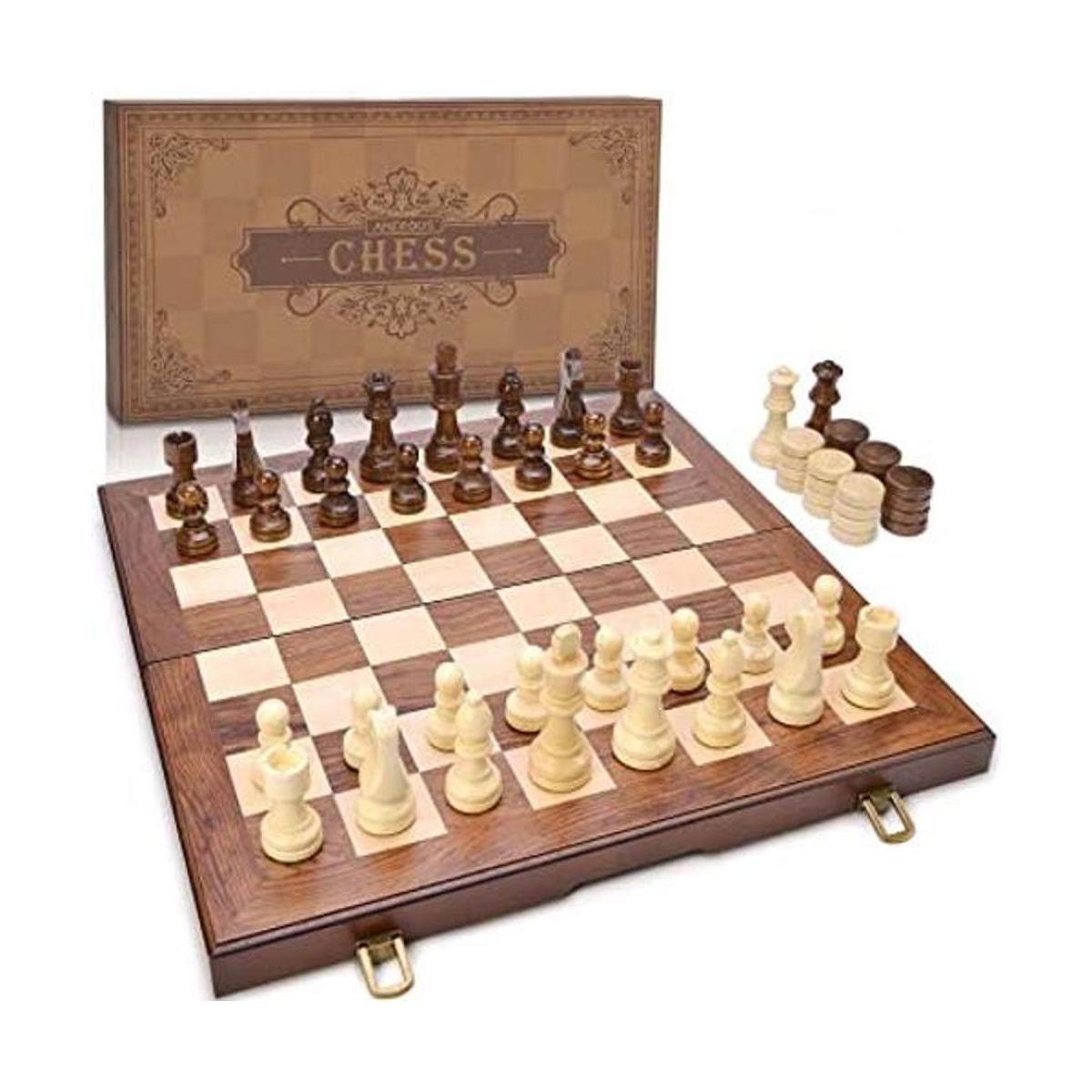 AMEROUS Juego de ajedrez y damas de madera con piezas de