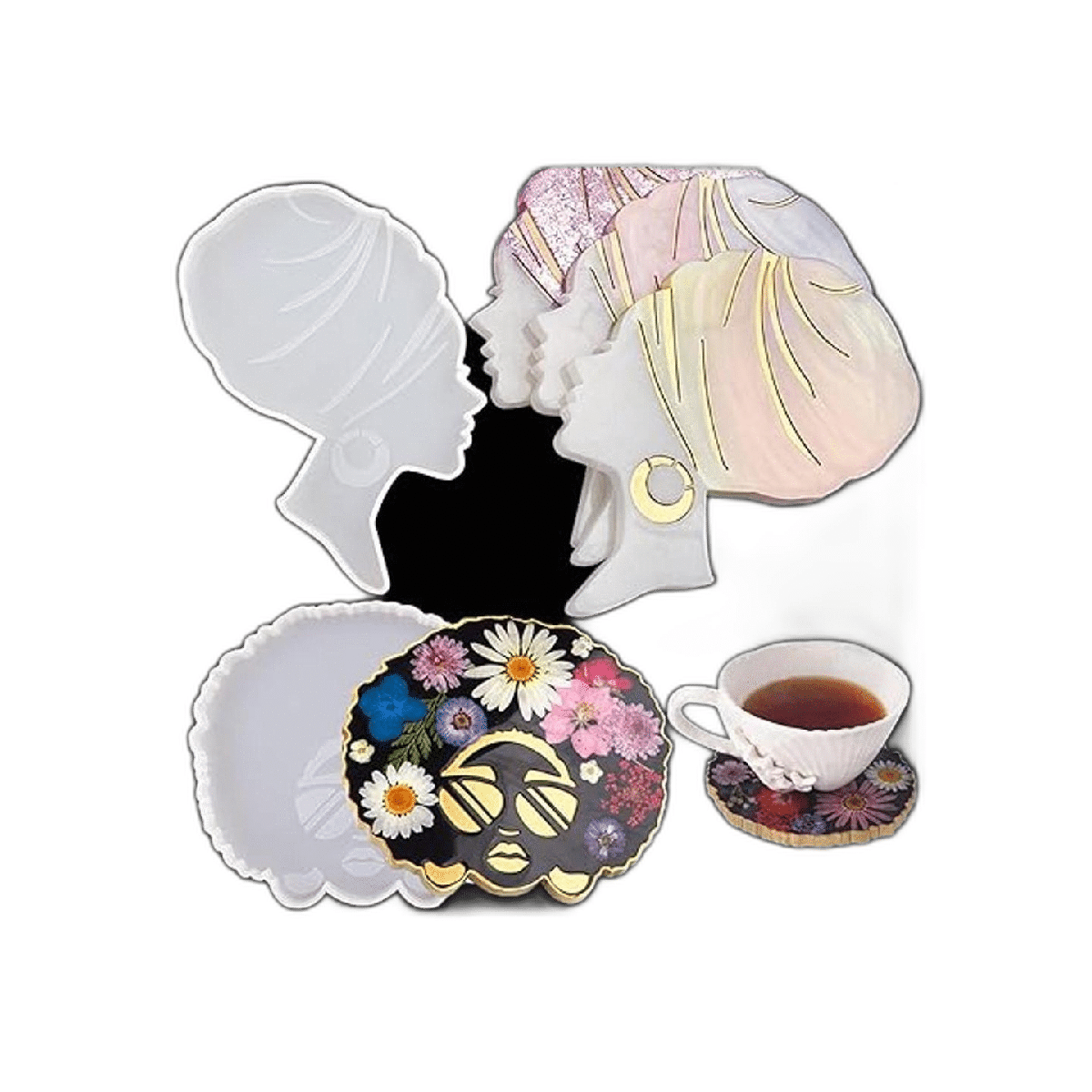 2 piezas Afro hembra cabeza posavasos resina molde