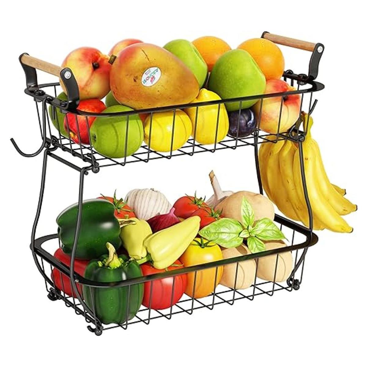 Cesta de frutas de 2 niveles con 2 ganchos de plátano