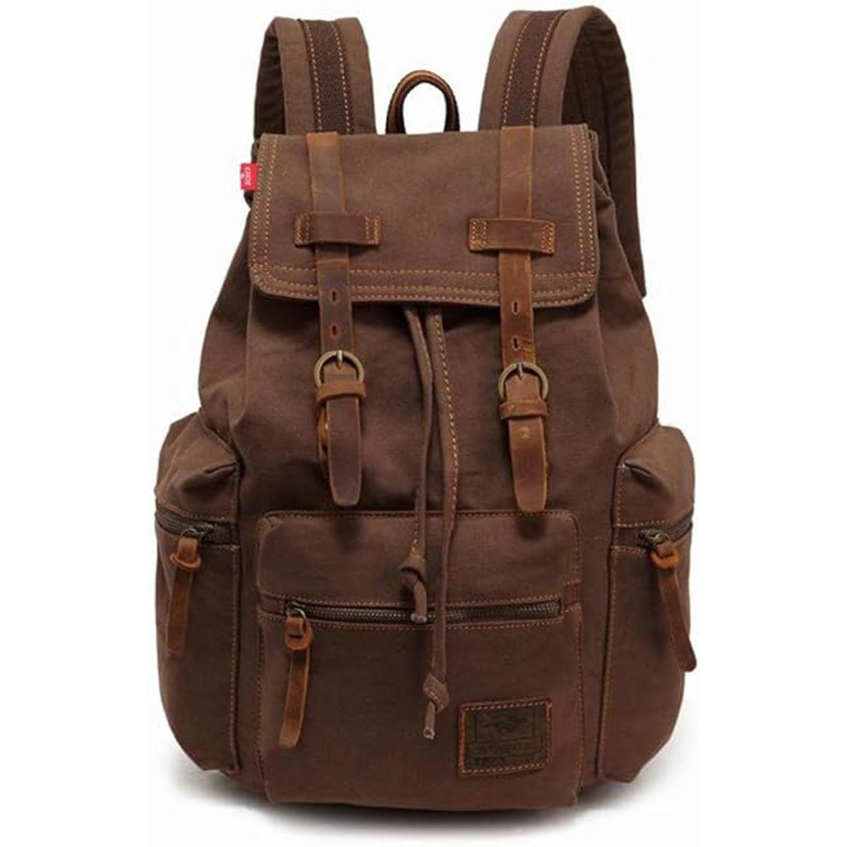 AUGUR Mochila de lona de cuero vintage grande para laptop