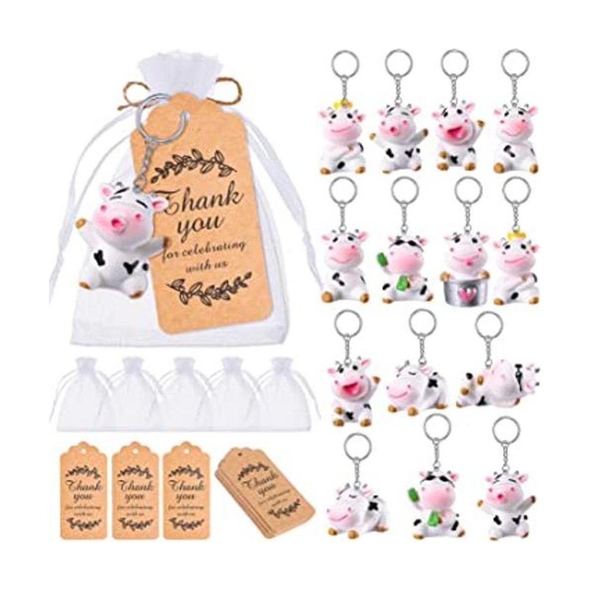 Llaveros de vaca con bolsas de organza etiquetas de papel