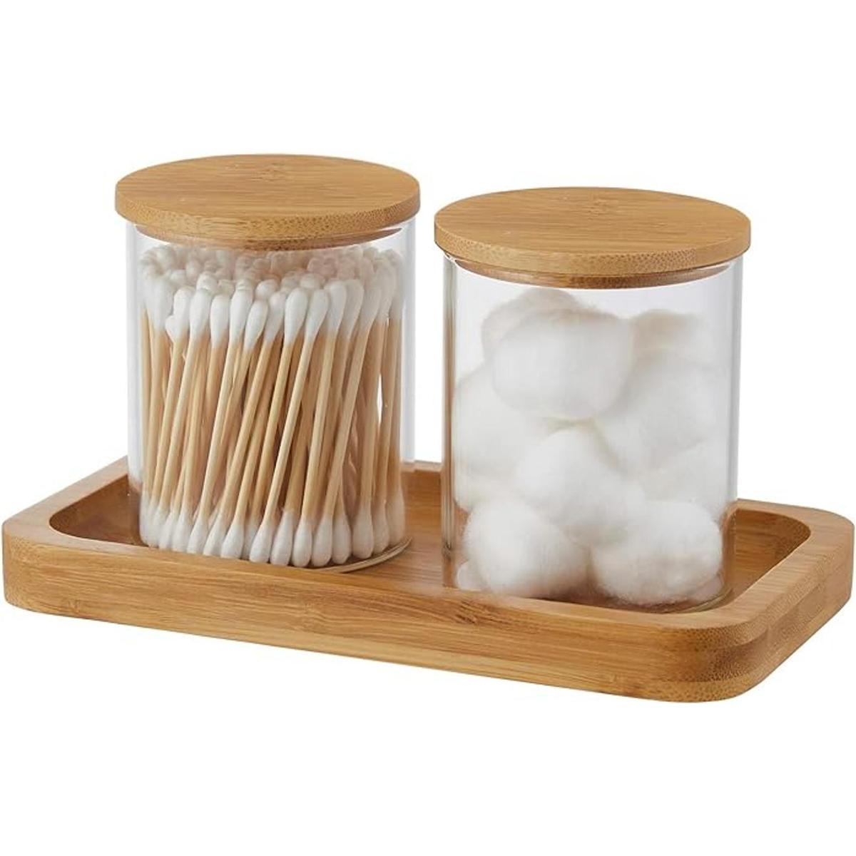 INIUNIK Soporte Qtip de vidrio con bandeja de tocador