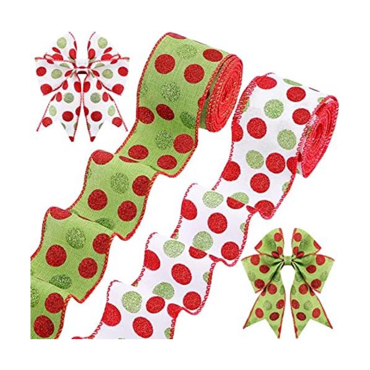 2 rollos de cinta de lunares verdes y rojos de Navidad con