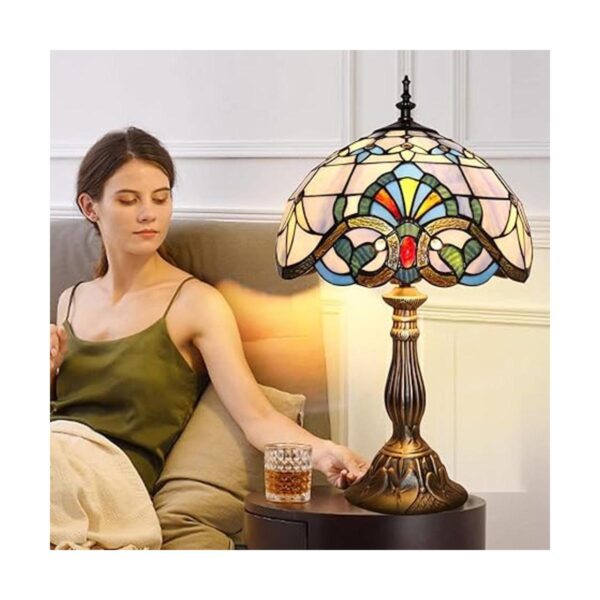 Tiffany Lámpara de mesa estilo vitral azulblanco 12_3