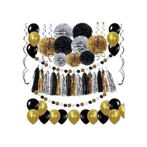 Decoraciones de fiesta negras y doradas pompones de papel
