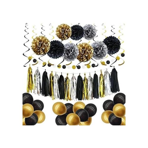 Decoraciones de fiesta negras y doradas pompones de papel