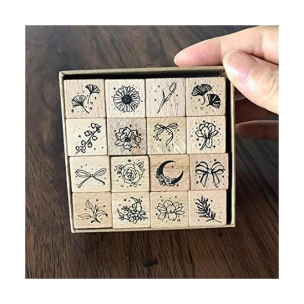 Juego de 16 sellos de goma montados en madera para arte y