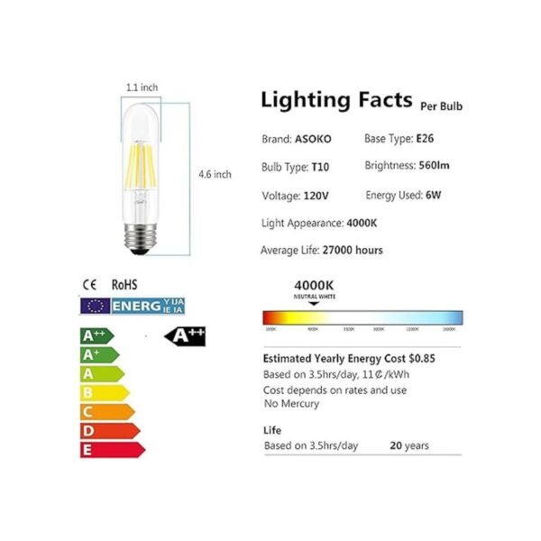 Bombillas E26 T10 de luz blanca de día de 6 W bombilla